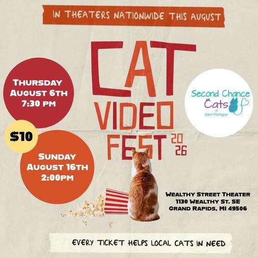 sccatswm's tweet photo. 🍿🐱 CAT VIDEO FEST NEXT WEEK! 🐱🍿 Cute videos support SCC in Grand Rapids Michigan: Aug 6 &amp; 16! https://t.co/MzNKkZcahN