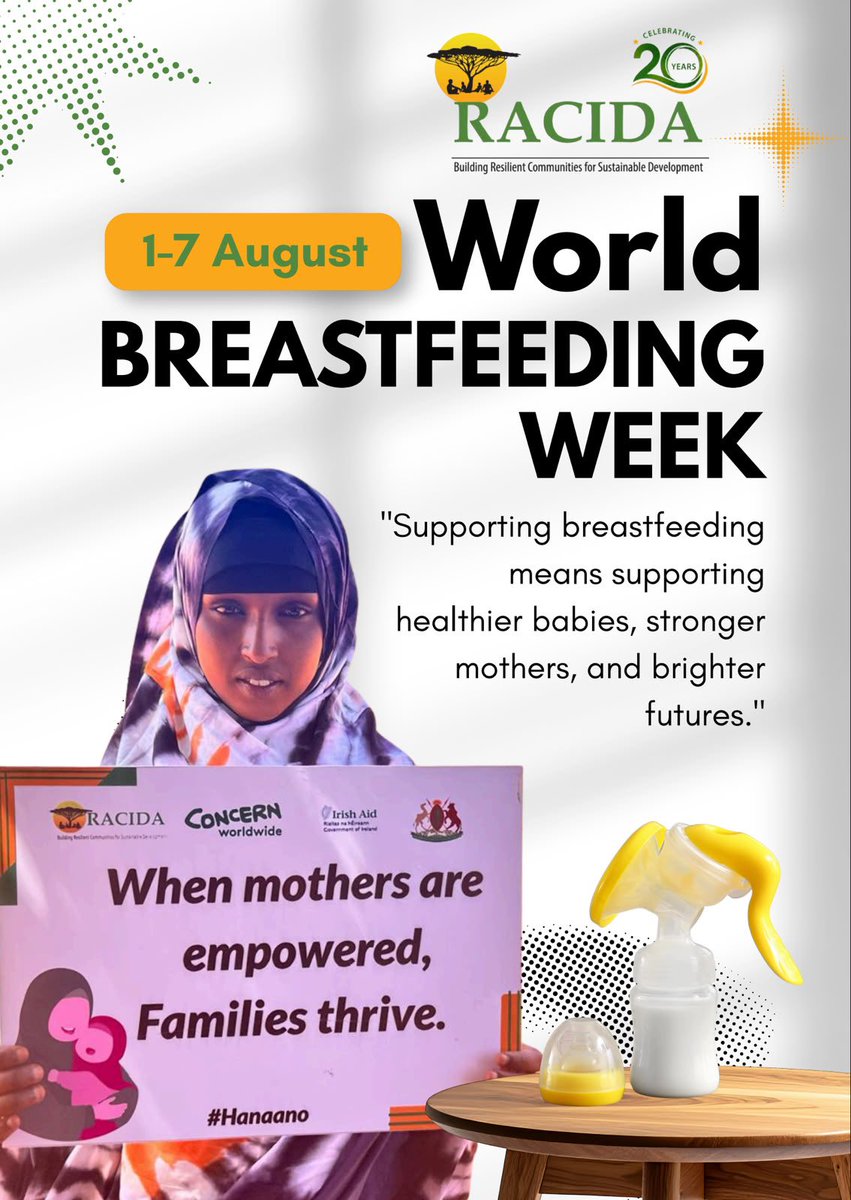 RACIDA_Ngo's tweet photo. This year’s #WorldBreastfeedingWeek theme, “Breastfeeding for a Sustainable Start in Life: Strengthen What Works,” is a call to invest in proven, community-led solutions that enable every mother to give her child the healthiest start.

Through the @Irish_Aid -funded #HanaanoProgramme, @RACIDA_Ngo, in partnership with Concern Worldwide and @Mandera_cgvt, is strengthening what works by supporting mothers with nutrition education, Mother-to-Mother Support Groups, and community-led care to improve breastfeeding practices and child nutrition across the Mandera Triangle.

Let’s stand with every mother because, when mothers are supported, children thrive.

@ConcernKenya 
#RACIDA #IrishAid #ConcernWorldwide #WorldBreastfeedingWeek #StrengthenWhatWorks #HanaanoProgramme