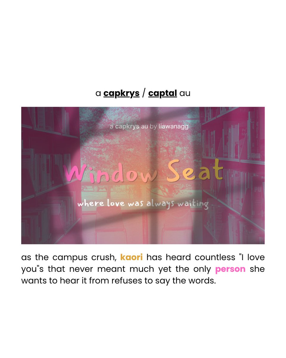 liawanagg's tweet photo. window seat

; a #capkrys / #captal au

as the campus crush, kaori has heard countless "I love you"s that never meant much yet the only person she wants to hear it from refuses to say the words. https://t.co/yJlz9GFLE3