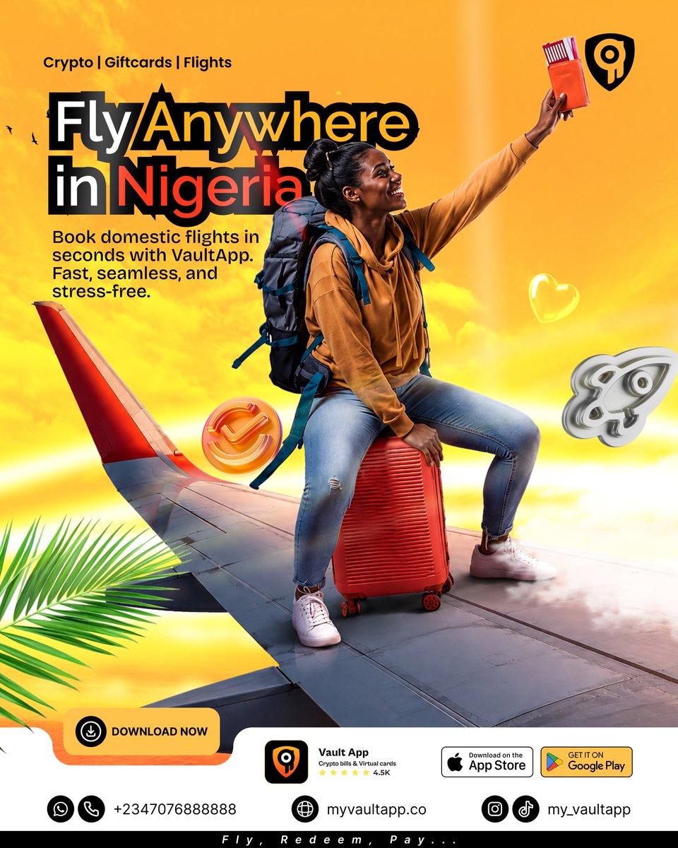 My_VaultApp's tweet photo. Who else is ready to fly? 🛫
With VaultApp, booking domestic flights has never been easier.

#VaultApp https://t.co/P0Ra39X2au