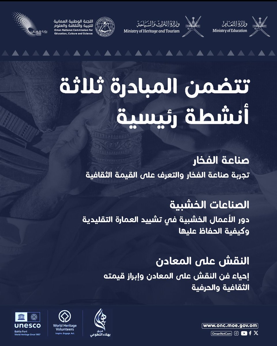 omannatcom's tweet photo. في إنجاز جديد يعكس حضور #سلطنة_عُمان في المبادرات الدولية المعنية بصون التراث الثقافي، اختيار سلطنة عمان ضمن برنامج المتطوعين من أجل التراث العالمي (World Heritage Volunteers - WHV) لعام 2026 التابع لمنظمة الأمم المتحدة للتربية والعلم والثقافة #اليونسكو، من خلال #مبادرة_التراث_العالمي 2026.

يأتي هذا الاختيار تتويجًا للجهود التي قادها فريق بهلا التطوعي في تأسيس وتطوير مبادرة التراث العالمي 2026 وإعداد ملف ترشيحها، بما أثمر عن اختيار سلطنة عُمان ضمن برنامج المتطوعين من أجل التراث العالمي (WHV) لعام 2026.

ستُنفذ مبادرة التراث العالمي 2026 خلال الفترة من 3–13 سبتمبر 2026 في موقع #قلعة_بهلا، بواسطة فريق بهلا التطوعي، وبالتعاون مع وزارة التراث والسياحة، واللجنة الوطنية العُمانية للتربية والثقافة والعلوم، وهيئة تنمية المؤسسات الصغيرة والمتوسطة (ريادة).

#OmanNatCom