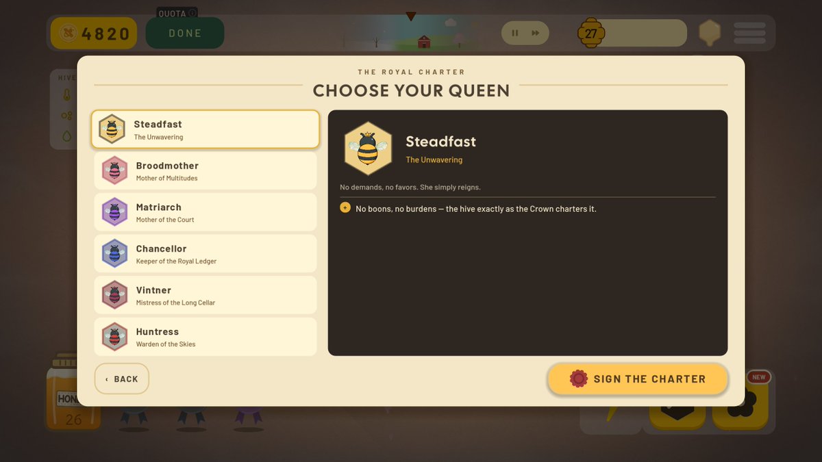 Studio42Apps's tweet photo. My bee game has six playable queens and five of them break the rules in some deliberately unfair way. The sixth is balanced, sensible, and called Steadfast.