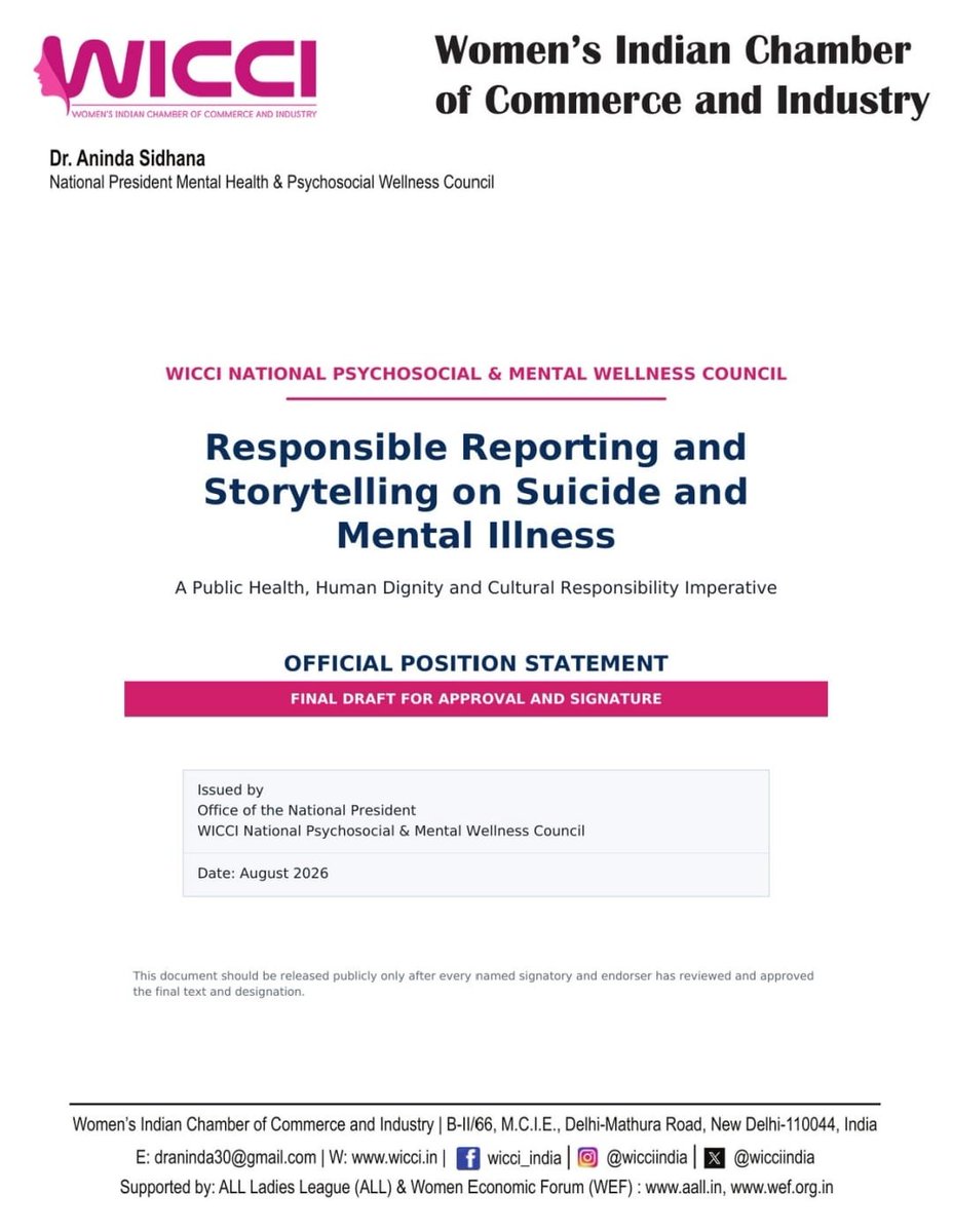 ompsychiatrist's tweet photo. Delighted to see this important initiative led by Dr. @shrink_aninda. The position statement on responsible reporting of suicide and mental illness is timely, evidence-informed and deeply relevant.

Ethical reporting protects dignity, reduces harm, challenges stigma, and can save lives. Every newsroom and digital content creator should take note.

Congratulations on this valuable contribution to suicide prevention and public mental health @wicciindia
#SuicidePrevention #MentalHealth #ResponsibleMedia #MediaEthics