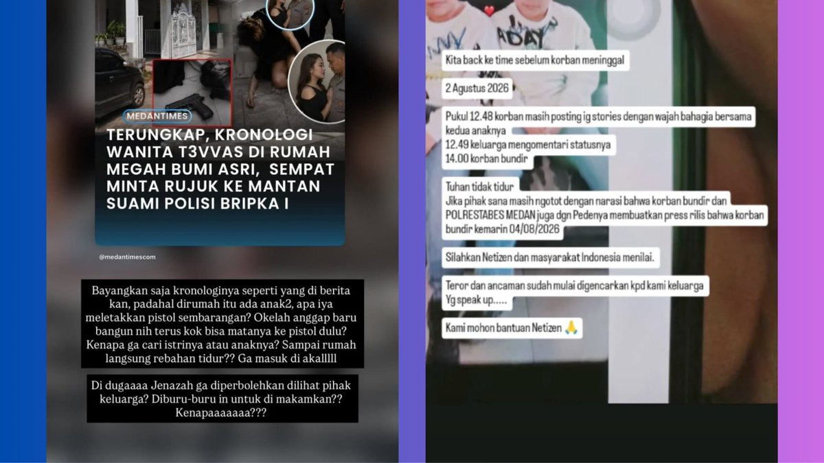 SistersInDanger's tweet photo. TW // dugaan femisida/suicide

2 VERSI KEMATIAN WINDA

Seorang perempuan Winda Lorenza Gowasa (30 tahun) ditemukan meninggal dunia pada 2 Agustus 2026 di kamar mandi sebuah rumah di Kota Medan, Sumatera Utara.

Versi keluarga Winda:

- Keluarga (terutama ayah Sanalui Gowasa) menolak keras kesimpulan polisi yang menyebut bunuh diri. Menurut mereka, ini hasil kekerasan/penganiayaan atau pembunuhan terhadap perempuan, bukan penembakan diri sendiri.

- Saat melihat jenazah, keluarga menemukan banyak lebam tidak wajar: di leher (diduga bekas pencekikan), mata, kaki, paha, perut, serta seluruh tubuh membiru.

- Akses ke jenazah dibatasi: hanya boleh melihat wajah, tubuh ditutup, dilarang mengambil foto, dan sempat diminta agar jenazah langsung dimakamkan tanpa disemayamkan di rumah.

- Hasil autopsi lengkap belum diberikan kepada keluarga, dan mereka merasa tidak dimintai izin secara memadai saat proses autopsi.

- Detail penting menurut keluarga: Sekitar dua bulan sebelum kejadian, ibu mantan suami (ibu Brigpol Iman Syahputra Harefa) menjemput Winda di Jakarta dan membawanya kembali ke Medan karena ada niat untuk rujuk kembali. Tapi bukan Winda yang minta rujuk dan berangkat sendiri ke Medan.

- Ayah korban mengaku baru mengetahui hal ini setelah putrinya meninggal. Sebelumnya ia mengira Winda masih tinggal di Jakarta.

- Winda sebelumnya tinggal di Jakarta, bekerja menjual pakaian sambil mengasuh anak mereka.

- Keluarga telah melapor ke Polda Sumatera Utara untuk meminta penyelidikan lebih mendalam dan keadilan, karena merasa kesimpulan “bunuh diri” terlalu cepat dan tidak sesuai kondisi jenazah.

- Keluarga mulai mendapatkan teror dan ancaman karena speak up kejanggalan ini

(1)

Testimoni keluarga korban: