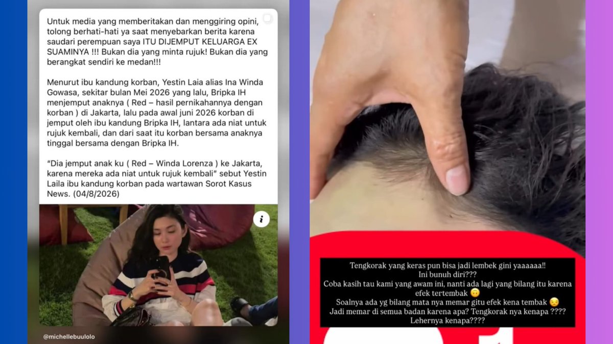 SistersInDanger's tweet photo. TW // dugaan femisida/suicide

2 VERSI KEMATIAN WINDA

Seorang perempuan Winda Lorenza Gowasa (30 tahun) ditemukan meninggal dunia pada 2 Agustus 2026 di kamar mandi sebuah rumah di Kota Medan, Sumatera Utara.

Versi keluarga Winda:

- Keluarga (terutama ayah Sanalui Gowasa) menolak keras kesimpulan polisi yang menyebut bunuh diri. Menurut mereka, ini hasil kekerasan/penganiayaan atau pembunuhan terhadap perempuan, bukan penembakan diri sendiri.

- Saat melihat jenazah, keluarga menemukan banyak lebam tidak wajar: di leher (diduga bekas pencekikan), mata, kaki, paha, perut, serta seluruh tubuh membiru.

- Akses ke jenazah dibatasi: hanya boleh melihat wajah, tubuh ditutup, dilarang mengambil foto, dan sempat diminta agar jenazah langsung dimakamkan tanpa disemayamkan di rumah.

- Hasil autopsi lengkap belum diberikan kepada keluarga, dan mereka merasa tidak dimintai izin secara memadai saat proses autopsi.

- Detail penting menurut keluarga: Sekitar dua bulan sebelum kejadian, ibu mantan suami (ibu Brigpol Iman Syahputra Harefa) menjemput Winda di Jakarta dan membawanya kembali ke Medan karena ada niat untuk rujuk kembali. Tapi bukan Winda yang minta rujuk dan berangkat sendiri ke Medan.

- Ayah korban mengaku baru mengetahui hal ini setelah putrinya meninggal. Sebelumnya ia mengira Winda masih tinggal di Jakarta.

- Winda sebelumnya tinggal di Jakarta, bekerja menjual pakaian sambil mengasuh anak mereka.

- Keluarga telah melapor ke Polda Sumatera Utara untuk meminta penyelidikan lebih mendalam dan keadilan, karena merasa kesimpulan “bunuh diri” terlalu cepat dan tidak sesuai kondisi jenazah.

- Keluarga mulai mendapatkan teror dan ancaman karena speak up kejanggalan ini

(1)

Testimoni keluarga korban: