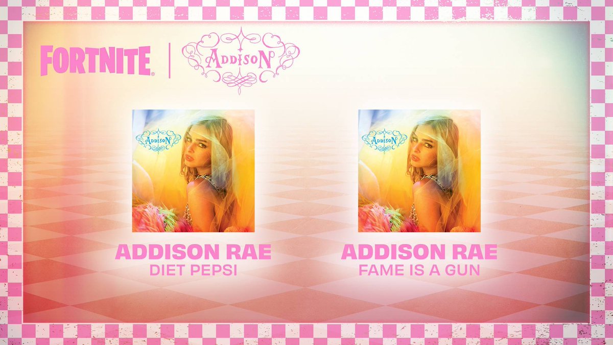 ElChivatoFN's tweet photo. ¡Mañana llegan las Jam Tracks de Addison Rae a Fortnite! 🔥
🎶 Fame is a Gun
🎶 Diet Pepsi
#addisonrae #fortnitetienda #shop #españa https://t.co/sxT2CTmrCD