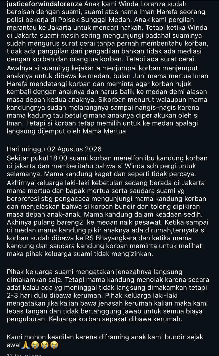 ella_oh_cruella's tweet photo. teman2, tolong bantu viralkan. diberitakan bun*h dir* tp luka2nya jelas ada indikasi penyiksaan. mantan suaminya adalah polisi dan keluarga mantan suami seperti menutupi sesuatu #justicefowindalorenza 

silahkan cek IG @/justiceforwindalorenza https://t.co/4KKN95mzda