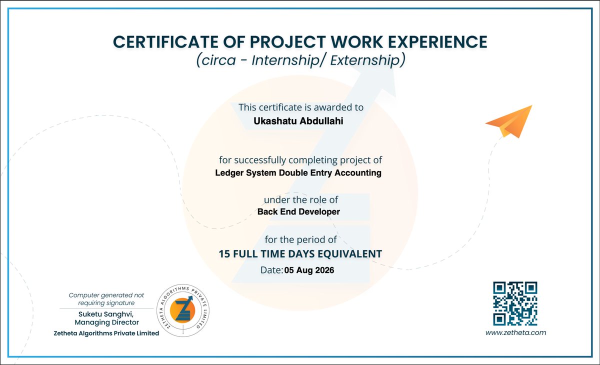 IiUkashert's tweet photo. Completed a Ledger System – Double Entry Accounting project as part of a rigorous engineering program at @ZethetaOfficial.

Can't share technical details due to confidentiality, but it was a valuable experience in solving real-world engineering challenges.

#SoftwareEngineering https://t.co/uH2cWHplbG