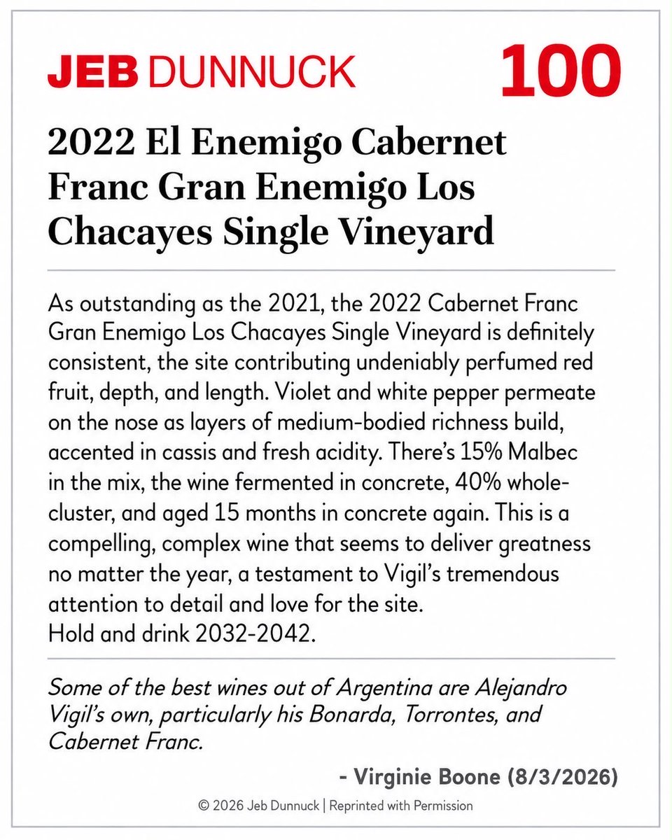UniversoVigil's tweet photo. ¡Enorme alegría! Gran Enemigo Cabernet Franc Los Chacayes Single Vineyard 2022 recibió 100 puntos de Jeb Dunnuck. Un reconocimiento a la identidad de Los Chacayes, cosecha tras cosecha. Gracias @jebdunnuck @virginieboone https://t.co/VTJJ6nBaVO