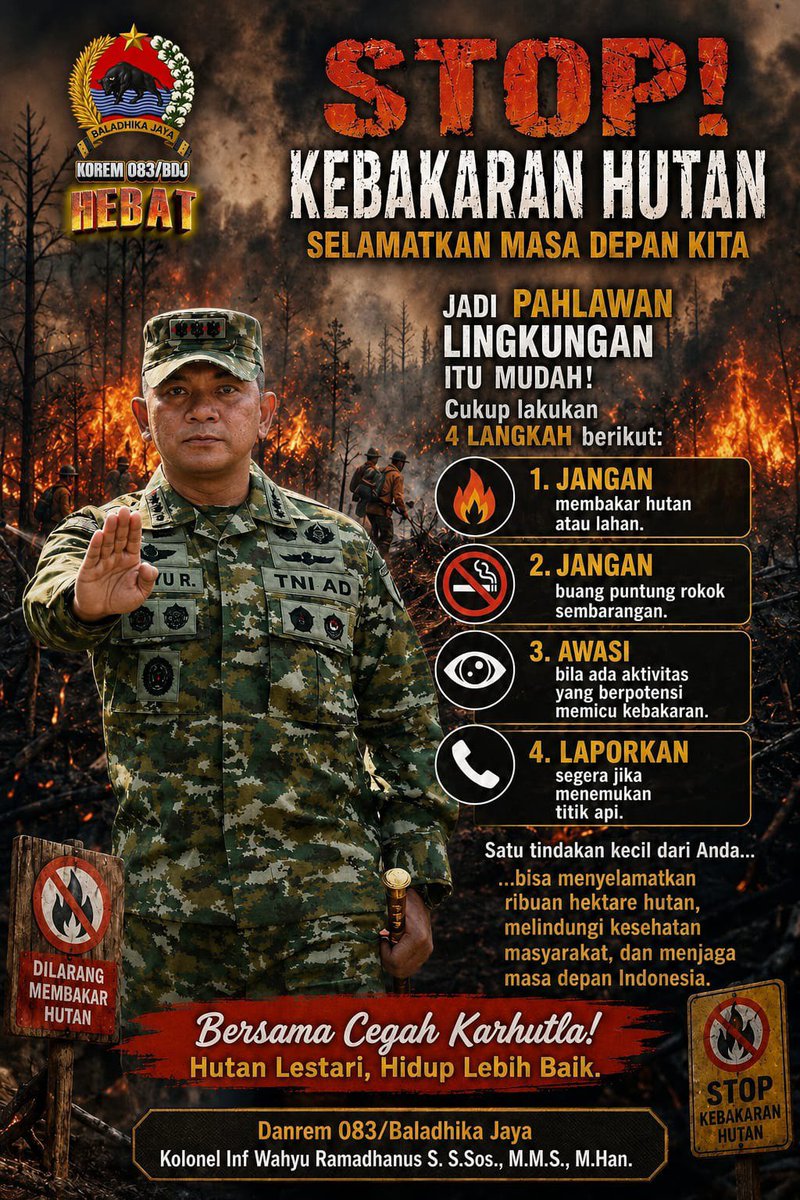 Korem083Bdj's tweet photo. Api yang kecil bisa menjadi bencana besar. Mari cegah sebelum terlambat. 🔥🌳

Kebakaran hutan dan lahan (Karhutla) bukan hanya merusak lingkungan, tetapi juga mengancam kesehatan, keselamatan, perekonomian, dan masa depan generasi kita. https://t.co/mSYskm3r6v