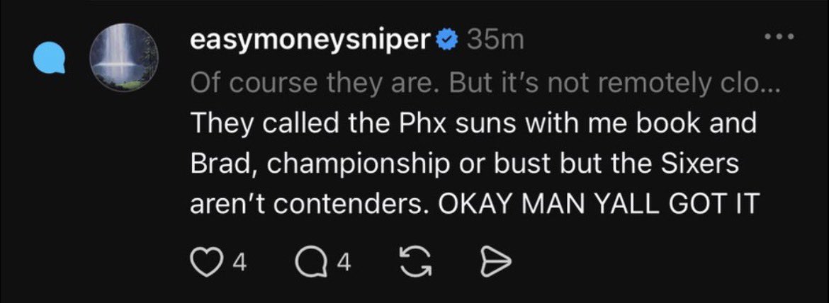 DragonflyJonez's tweet photo. KD almost got me thinking EYE am the one living in a different reality. Buddy all of us (except for delusional Suns fans) laughed at the Suns thinking Beal was the answer and we knew that PHX taking on that absurd Beal contract would ruin any chance they had at being a contender https://t.co/kVrlYexzQc