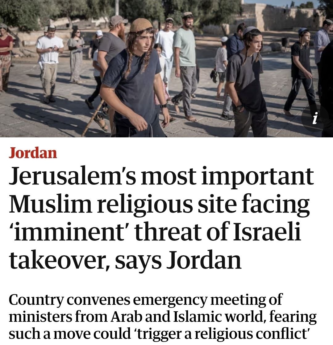 ME_Observer_'s tweet photo. ⚡️🚨 Jordan warns of imminent threat to Al-Aqsa Mosque, calling emergency Arab and Islamic foreign ministers' meeting. Over 2,000 Israeli settlers entered the Al-Aqsa compound, raising concern of potential takeover by Israeli forces. (Jordan via IRIB News) https://t.co/iXXMNOLas0