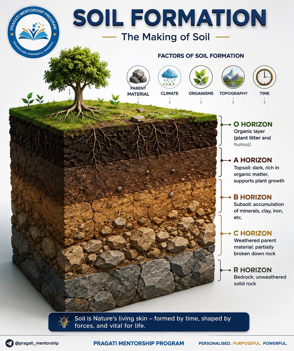 Pragatimentor's tweet photo. 🌱 Soil Formation: Nature's Slowest Masterpiece! 🌍

Every handful of soil carries the story of rocks, climate, organisms, relief, and time working together over thousands of years. Understanding soil formation is essential for mastering UPSC Geography, Environment, Agriculture, and Disaster Management.

📚 Remember the 5 Soil-Forming Factors (CLORPT): 🪨 Parent Material | 🌧 Climate | 🌿 Organisms | ⛰ Relief (Topography) | ⏳ Time

💡 UPSC Tip: Questions on soil profiles (O–A–B–C–R horizons), laterization, podzolization, and soil conservation are frequent in both Prelims and Mains.

Join @Pragatimentor
For personal guidance and DM us if you have any question

#UPSC #UPSC2027 #Geography #SoilFormation #Pedology #Environment #Agriculture #Prelims2027 #Mains2027
