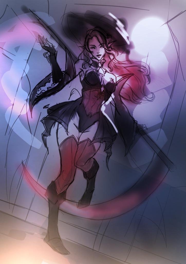 Quaithz's tweet photo. Process images of my artwork of Valerith! She's my dhampir character.
She relies on her persuading skills and sends her swarm of bats to wander around the city to always be a step ahead everyone else. I learned a lot from this piece! #DnDart https://t.co/QrbCSvKB1H