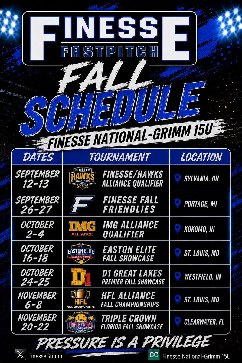 FinesseGrimm's tweet photo. ✨Fall 2026 Schedule✨ 

A highly competitive fall slate awaits. Looking forward to competing against some of the best teams in the country🥎
@LineDsoftball @PrepSoftball @ExtraInningSB @MidwestPremierS @TOP_D1RECRUITS @tagupSoftball @d1fastpitch1 @triplecrownspts @thealliancefp https://t.co/NbFTOLOycf