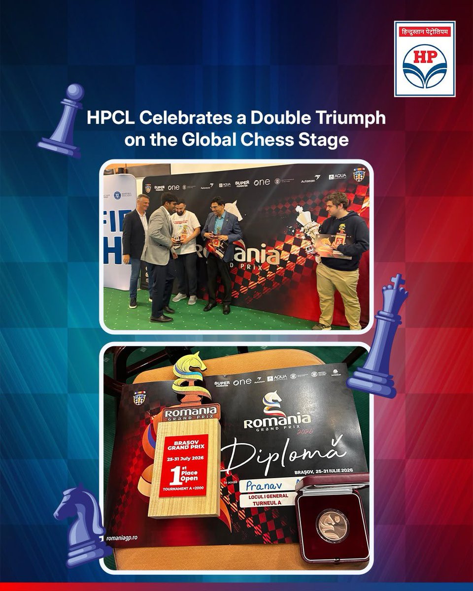 HPCL's tweet photo. Double the Pride. Double the Glory. 

Hindustan Petroleum Corporation Limited proudly celebrates two remarkable international achievements by our HPCL-supported Grandmasters.

Congratulations to GM Pranav Anand on winning the Brașov Grand Prix Classic 2026 (Category A), Romania, and to GM Prraneeth Vuppala for sharing the first place at the Continental Chess Association (CCA) World Open 2026.

Their exceptional performances reflect the power of dedication, discipline and excellence, inspiring aspiring sportspersons across the nation.

HPCL is proud to support champions who continue to make India shine on the global stage.

@HardeepSPuri @PetroleumMin @TheSureshGopi @Secretary_MoPNG @neerajmittalias

HPCL – Fuelling Champions. Powering Dreams. Inspiring India. 

#OneHPCLOnePurpose #HPCLCorporateAffairs #ProudToBeHPite #DeliveringHappiness