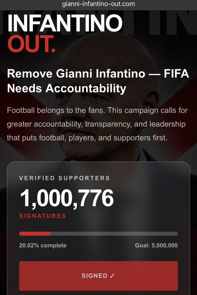 TMfutbal's tweet photo. 🚨😳 𝗕𝗥𝗘𝗔𝗞𝗜𝗡𝗚: A petition calling for Gianni Infantino to resign as FIFA President has surpassed 1 million signatures. ❌ https://t.co/0fwCmPlXAE