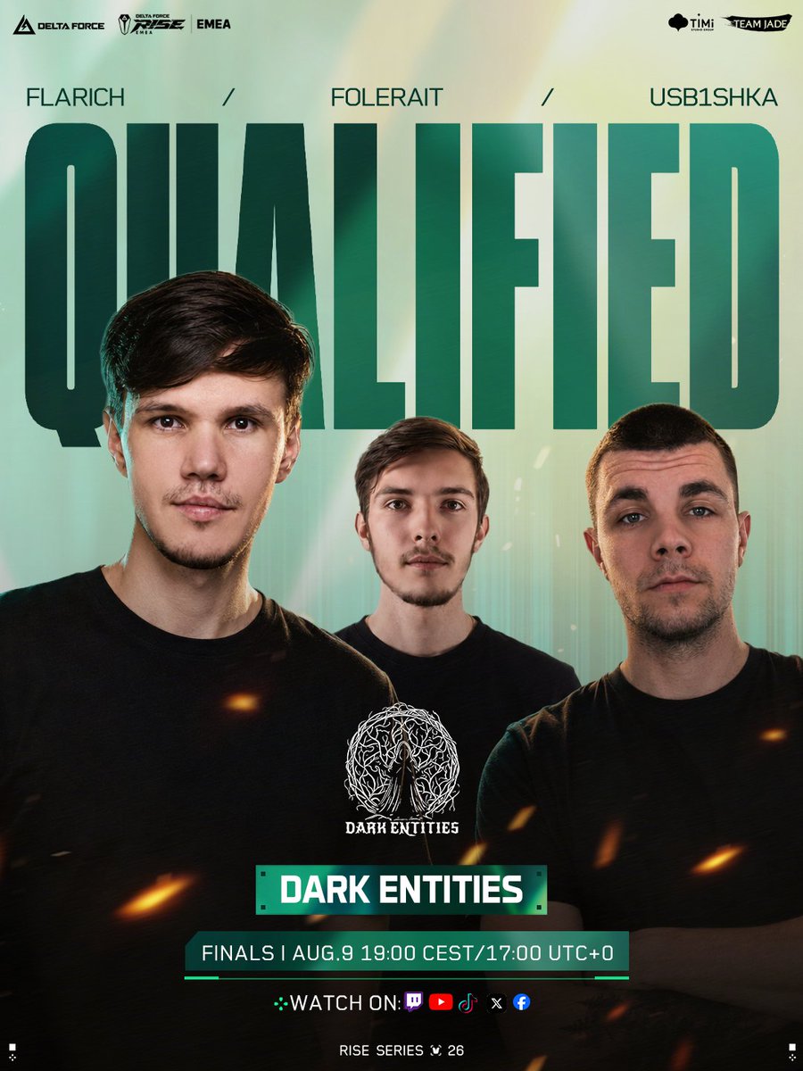 DFGameEsports's tweet photo. Four teams.

Four tickets from EMEA and AMERICAS.

Straight to the 2026 RISE Series S1 Finals.

AMERICAS sends:
@EvilGeniuses @Spacestation

EMEA sends:
@DarkEntitiesDF @WLGgr

See you there on August 7.

#DeltaForce #DFesports #DFRise https://t.co/WPigcidYjG