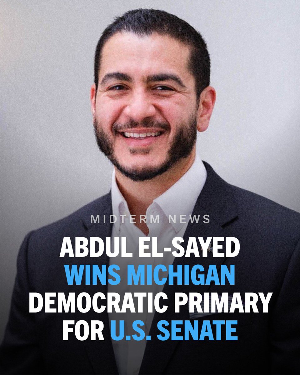 TheDemocrats's tweet photo. NEW: Abdul El-Sayed has won the Democratic primary for U.S. Senate in Michigan!

Together, we will keep this seat blue and send Abdul to the Senate. https://t.co/wWoSihBcED