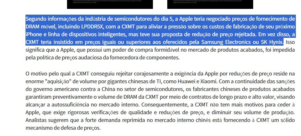 LFTAmaral's tweet photo. Para quem olha Apple $AAPL vale bater o olho nessa tradução de um jornal coreano de hoje. A vida vai ficar mais dura para a cia. A estratégia de amassar fornecedor - estilo Lojas Americanas - que funcionou muito bem durante 15 anos, pode estar se voltando contra a empresa. Micron anunciou que vai descontinuar a fabricação da linha de chips de memória para a empresa. A Apple foi bater nos chineses e tomou essa resposta aí. Suspeito que em breve podem ter um revés grande na relação com a $QCOM também...