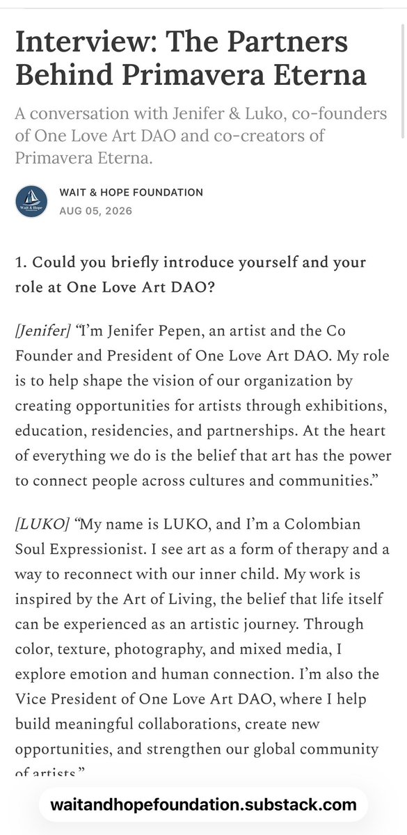 OneLoveArtDAO's tweet photo. Substackers 📖

Check out this recent article by @WaitHopeFound of Founders @Jeni_Pepen and @lukoart_ 

https://t.co/vMaG58XNOu https://t.co/wrh9i2JIvD