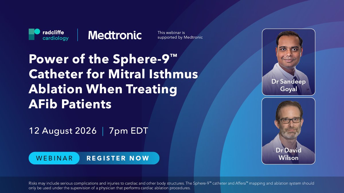 MDT_Cardiac's tweet photo. EP Insights Live – Aug. 12, 7 p.m. ET
Drs. Goyal and Wilson discuss using the Sphere-9™ catheter for mitral isthmus ablation when treating AFib patients. Register: https://t.co/pI1SQnPOVo
Risk: https://t.co/T4wWTx9iCy
#AFib #Epeeps https://t.co/SPyWhJkkYA