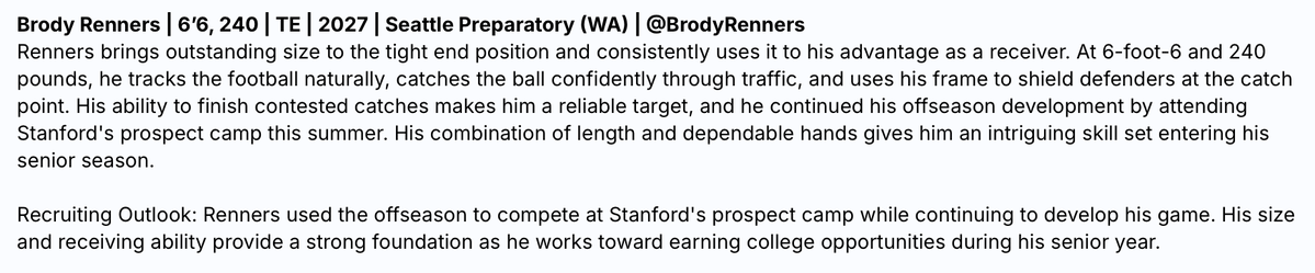 BrodyRenners's tweet photo. Can't wait to get this season started with my Seattle Prep teammates! Really looking forward to competing and helping my team win games, making catches and racking up tons of pancake blocks! Thank you @sixstarfootball for the write-up and positive energy! @apmaul https://t.co/Hv2h0h0TJ5