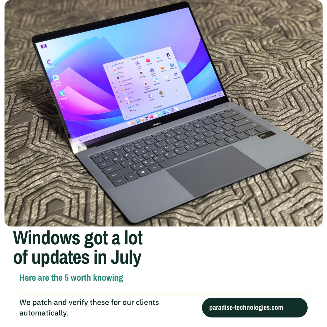 Paradise_tec's tweet photo. Windows Pushed 14 Updates In July:Here is 3 Worth Knowing

1: Microsoft added a new recovery tool,no third-party backup software needed
2: Two separate patches fixed bugs in windows subsystem for Linux
3:The Updates fixed 570 standard security flaws
#WindowsUpdates #Cybersecurity https://t.co/nN7GZNY6qM