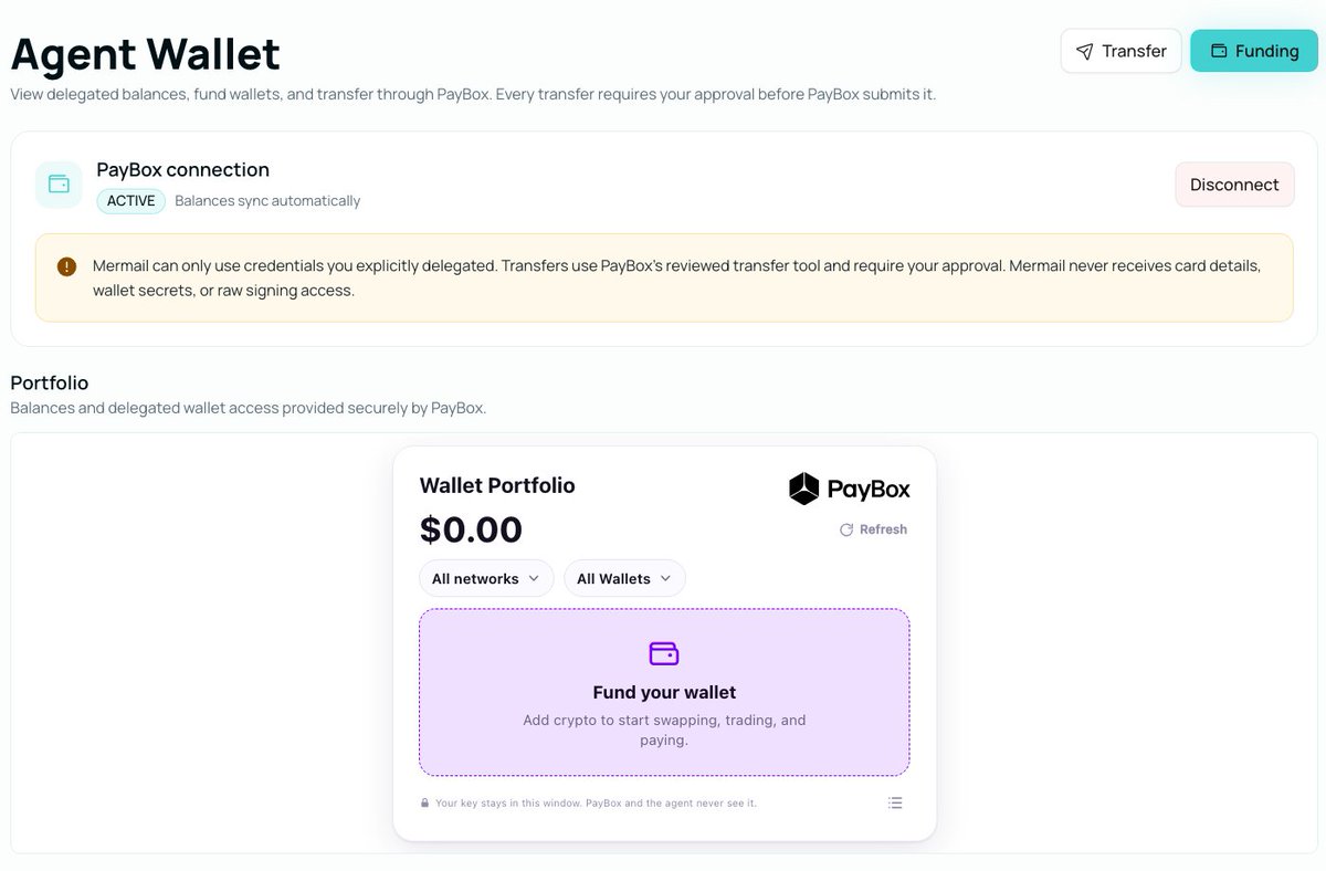 Mermailapp's tweet photo. 🌊 Agentic Wallets are live on Mermail.

AI agents can now move beyond the chat box.
With Agentic Wallets, your AI can:
→ Interact with the web
→ Access delegated funds
→ Execute approved transactions

Powered by @moonpay, we’re building the infrastructure for agents to participate in the digital economy.
AI got a brain.
Now it’s getting the ability to act.

Show us what you can do with it