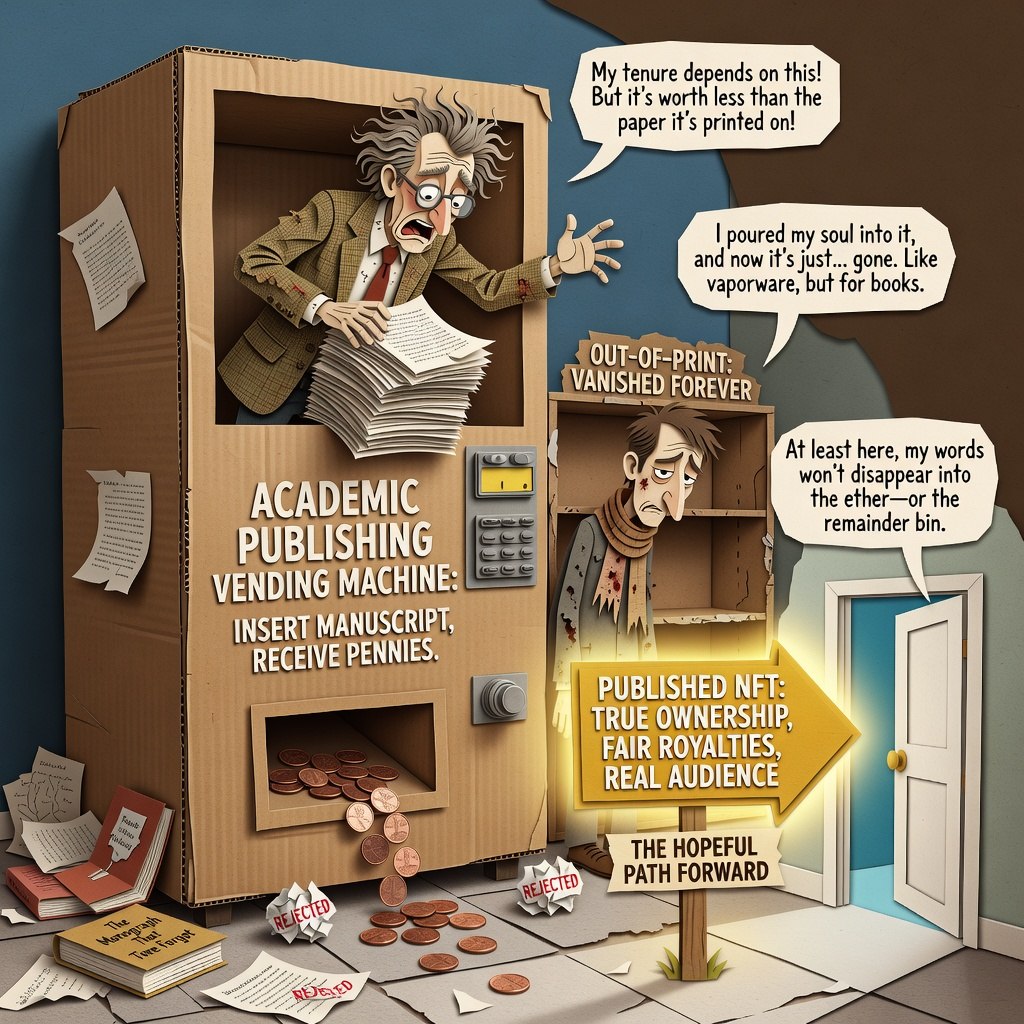 publishednft's tweet photo. This is the industry right now: an academic publishing a first book realizing their out-of-print book vanished forever. π There's a better path β real ownership, fair royalties, and readers who actually find you. #BookTwitter #WritingCommunity #Publishing #Web3 #PublishedNFT https://t.co/iqKFRlAmz4