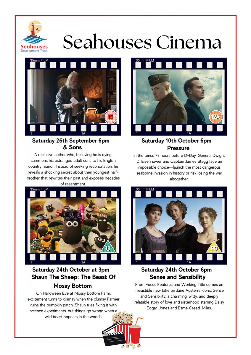 SeahousesHub's tweet photo. Great #Films Coming Soon to #SeahousesCinema.
#andSons #Pressure #ShaunTheSheepMovie #SenseAndSensibility
T721868 for info / tkts https://t.co/omYA7oYAeL
Private Hire &amp; Screenings available. #Seahouses #Northumberland https://t.co/Lf4nU1cEGd