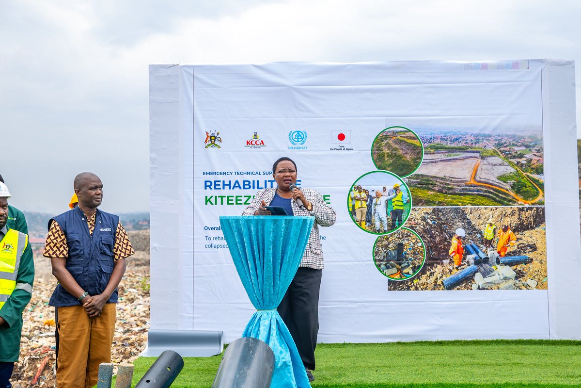 KCCAUG's tweet photo. A total of 16.8 acres of the Kiteezi landfill have been rehabilitated and handed over to Kampala Capital City Authority following the completion of the first phase of an emergency effort to stabilise the waste disposal site.

The handover of the rehabilitated sections and closure of the year-long “Emergency Technical Assistance to Rehabilitate Kiteezi Landfill” project was marked at the Kiteezi site in an event attended by the Rt. Hon Prime Minister @RobinahNabbanja, @JapanGov Ambassador, @UNHABITAT and other guests. 
Details here https://t.co/NUyfxBzIrT
#ForALivableCity