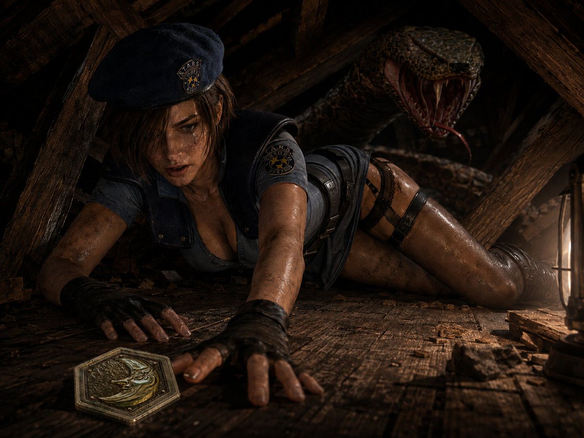 Game2LifeX's tweet photo. One hand from the Moon Crest… and Yawn is closing in. 🐍🌙
Jill’s attic nightmare is pure survival horror.
#JillValentine #ResidentEvil #Yawn #SurvivalHorror #ResidentEvil1 #AIArt https://t.co/caS5zWiXx1