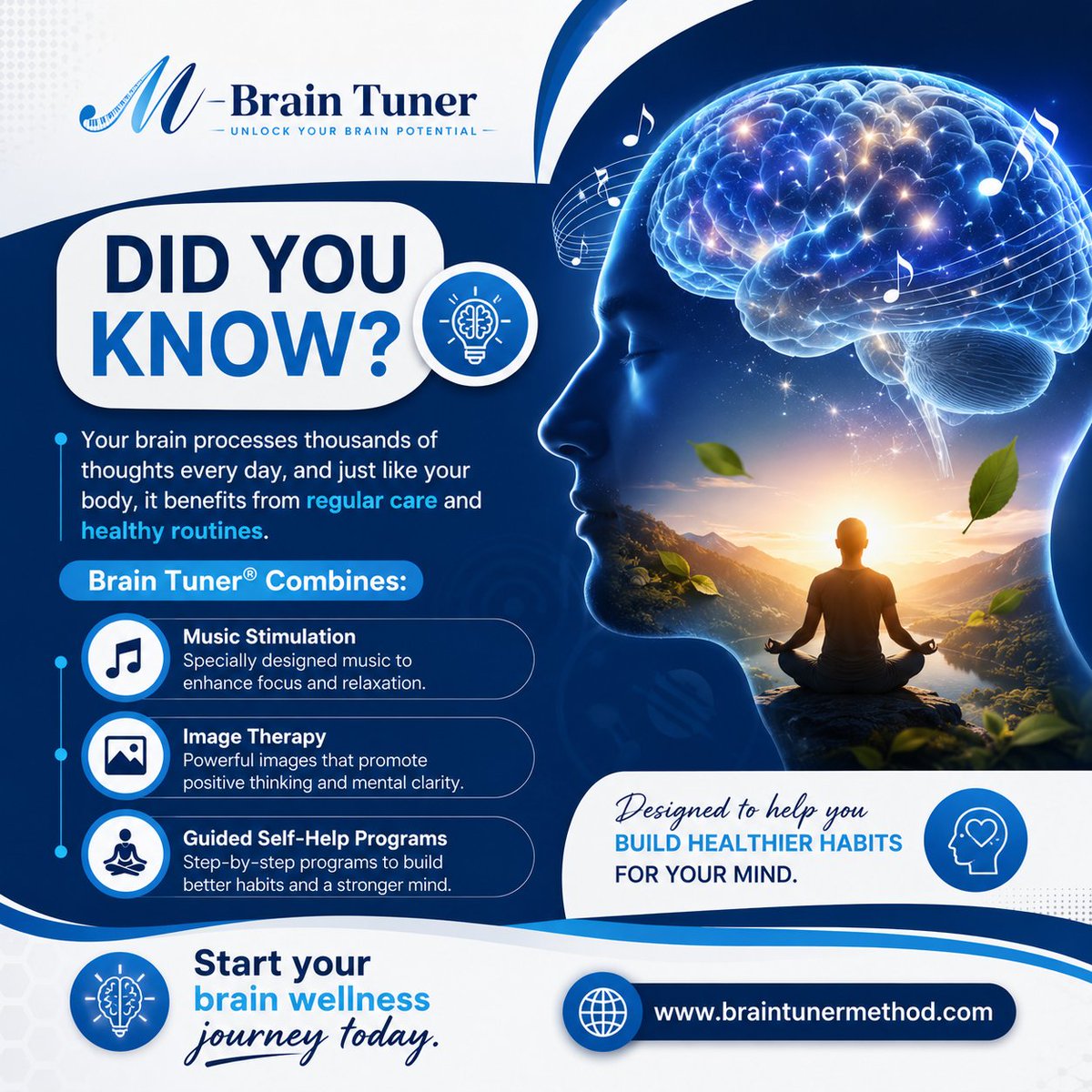 BrainTuneMethod's tweet photo. 🧠 Did you know?

Your brain benefits from regular care—just like your body.

Brain Tuner® combines music stimulation, image therapy, and guided wellness programs to support focus, clarity, and mental wellness.

🌐 https://t.co/HWr7KTc3ka

#BrainTuner #BrainHealth #MentalWellness https://t.co/qLKJZHZVlX
