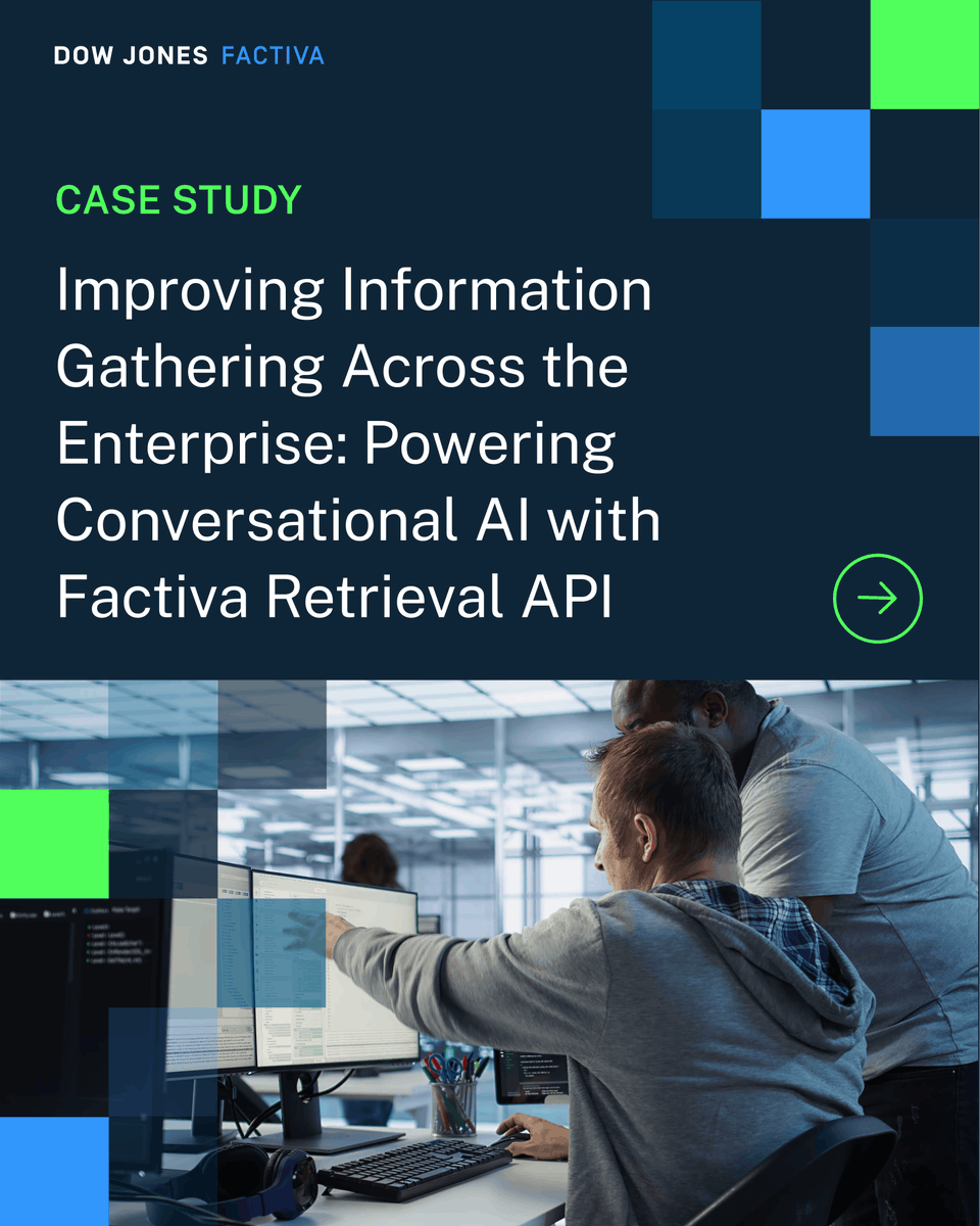 DowJones's tweet photo. Generative AI models are only as good as their data. See how a global consulting firm integrated Dow Jones Factiva API to power its internal AI—eliminating paywalls, saving 2 hrs/week per user, and ensuring full compliance: https://t.co/6yRGLhqoiM https://t.co/amH4cUKwrm