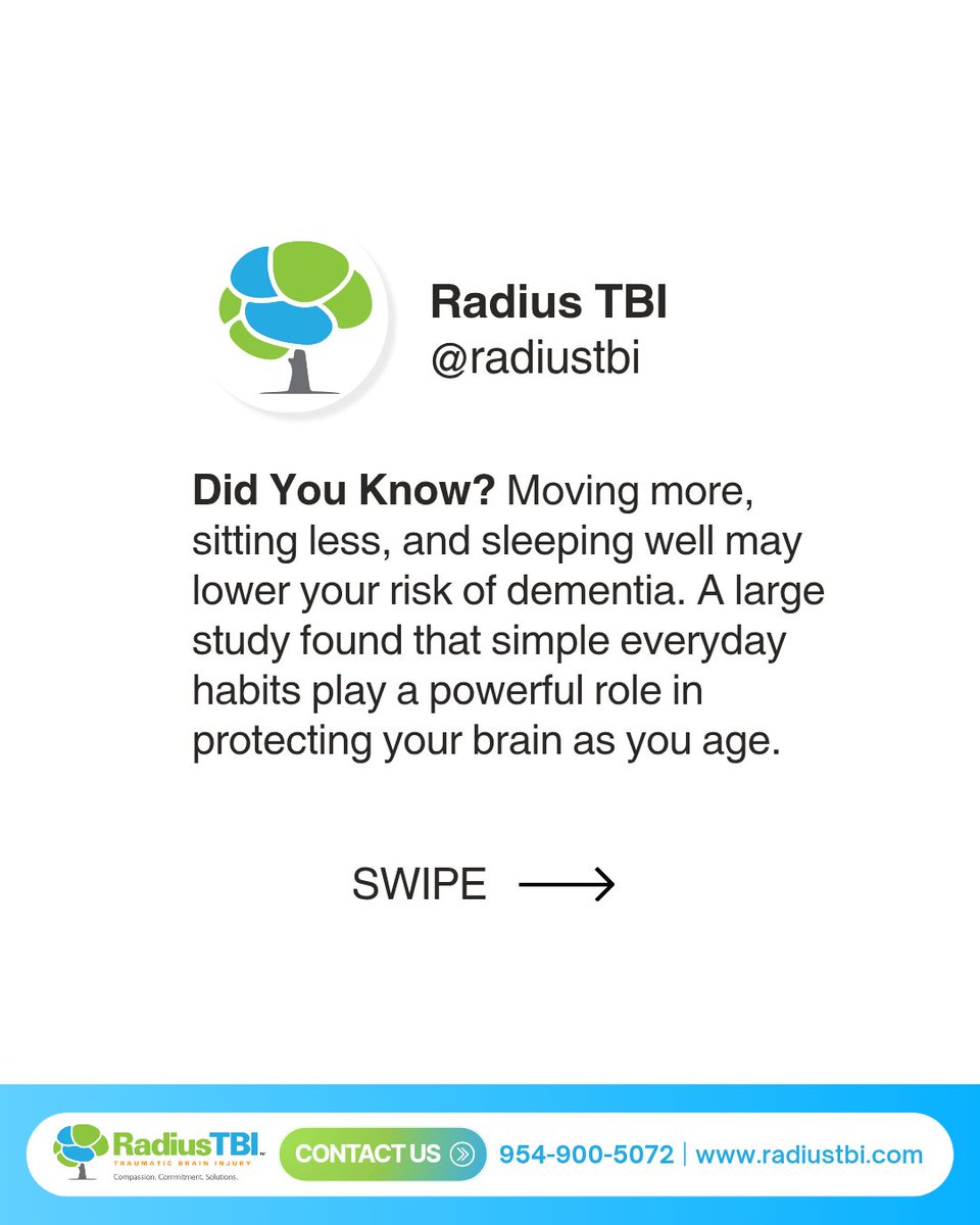 RadiusTBI's tweet photo. Did you know your daily habits could be shaping your brain health more than you think?
Swipe through to see what the research says ➡️
Source: https://t.co/BLngQofYXY
#radiustbi #brainhealth #dementia #dementia #brainhealthmatters https://t.co/RimeNPeYAR