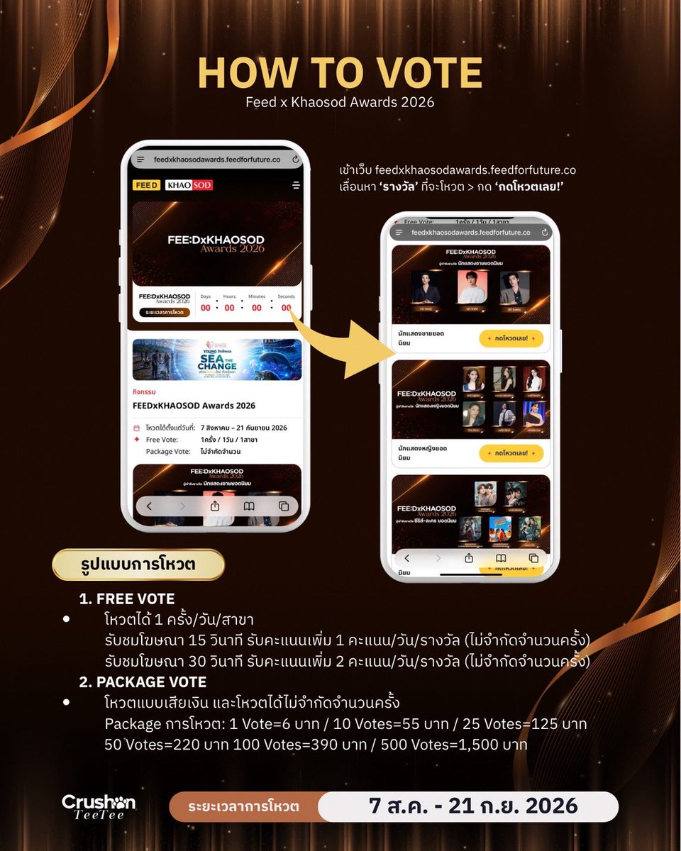CRUSHONTEETEE's tweet photo. #Voteforteeteepor 🐶🐻‍❄️🏆
#teeteepor #twnpich

— อีกหนึ่งก้าวสำคัญมาแล้วค้าบ ~ พี่วาวา 🙌🏻⭐️

เปิดรายชื่อเสนอชื่อเข้าชิงรางวัลในงาน FEED x KHAOSOD AWARDS 2026 ทั้งหมด 3 สาขา ดังนี้ ✨

🎖️ รางวัล นักแสดงชายยอดนิยม
— ตี๋ตี๋ วันพิชิต นิมิตภาคภูมิ

🎖️ รางวัล ซีรีส์-ละคร ยอดนิยม
— ด้วงกับเธอ (Duang with You Series)

🎖️ รางวัล Best Chemistry
— ตี๋ตี๋ - ป๋อ

⏰ ระยะเวลาโหวต: 7 สิงหาคม – 21 กันยายน 2026 (ปิดโหวตเวลา 23:59 น.)
🆓 Vote: 1ครั้ง / 1วัน / 1สาขา

🌐 ช่องทางการโหวต: https://t.co/9WguFsrOf7

มาร่วมส่งพลังให้ #ตี๋ตี๋ป๋อ กันเยอะๆ น้า! 💜🩵✨

#FEEDxKHAOSODAwards2026