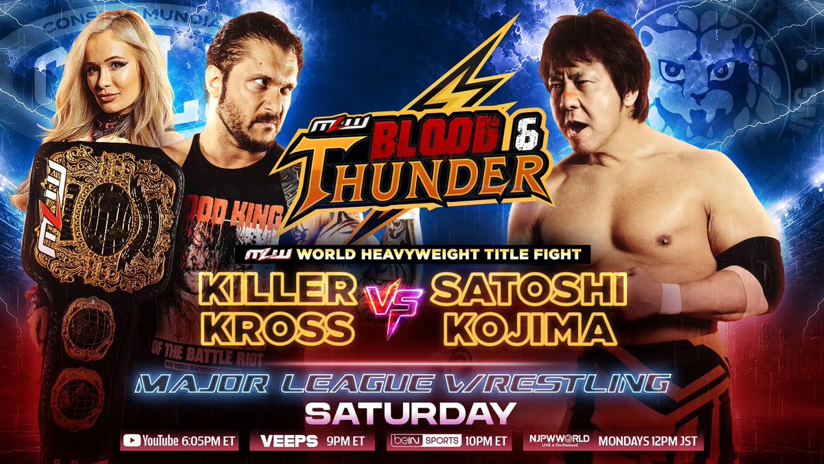 MLW's tweet photo. SATURDAY: Legend vs. Blood King as Kojima challenges @realKILLERkross, looking to make history and become a three-time MLW World Heavyweight Champion!

More: https://t.co/hnGJ7Qw6nj https://t.co/5AD1KDyGjb