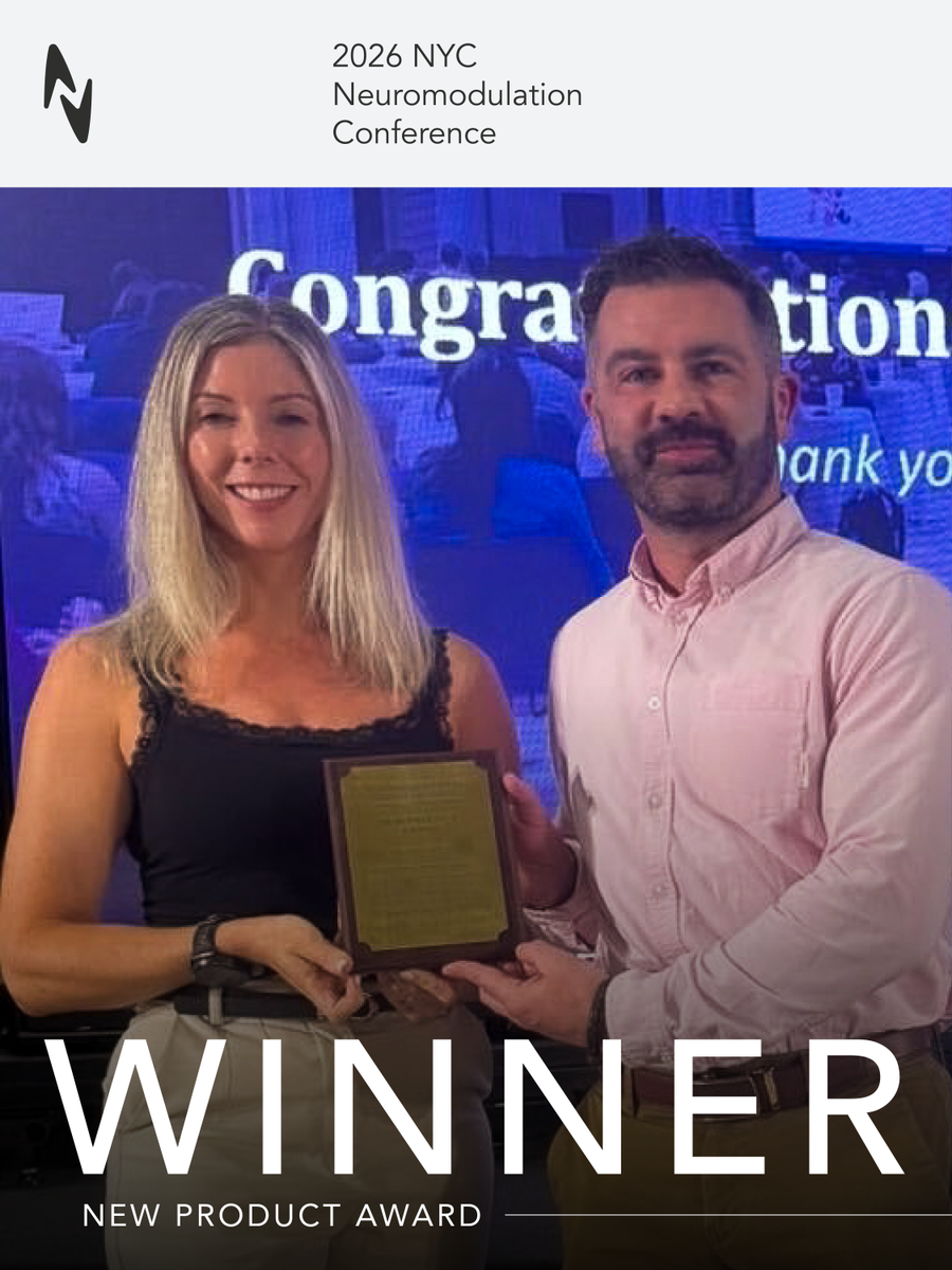 Neurovalens's tweet photo. We're delighted and honored to receive the NEW PRODUCT AWARD for Modius Spero at the 2026 NYC Neuromodulation Conference @neuromodec. We're more motivated than ever to continue to pioneer non-invasive and drug-free treatment options for patients. #ModiusSpero #MakingLifeBetter https://t.co/bIDUAnge27