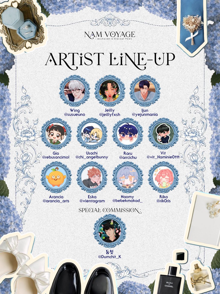d3arpllis's tweet photo. 💍⋆｡˚ 𝐍𝐀𝐌 𝐕𝐎𝐘𝐀𝐆𝐄 : Artist Line-Up 🖼️˚₊·

Anchored in love and everlasting vows, here are the incredible artists setting sail with us on this journey💙

Please look forward to their amazing creations for #YEJUN's special day!🎨✨️

#NAM_VOYAGE #PLAVE https://t.co/kXYrtZj5G6