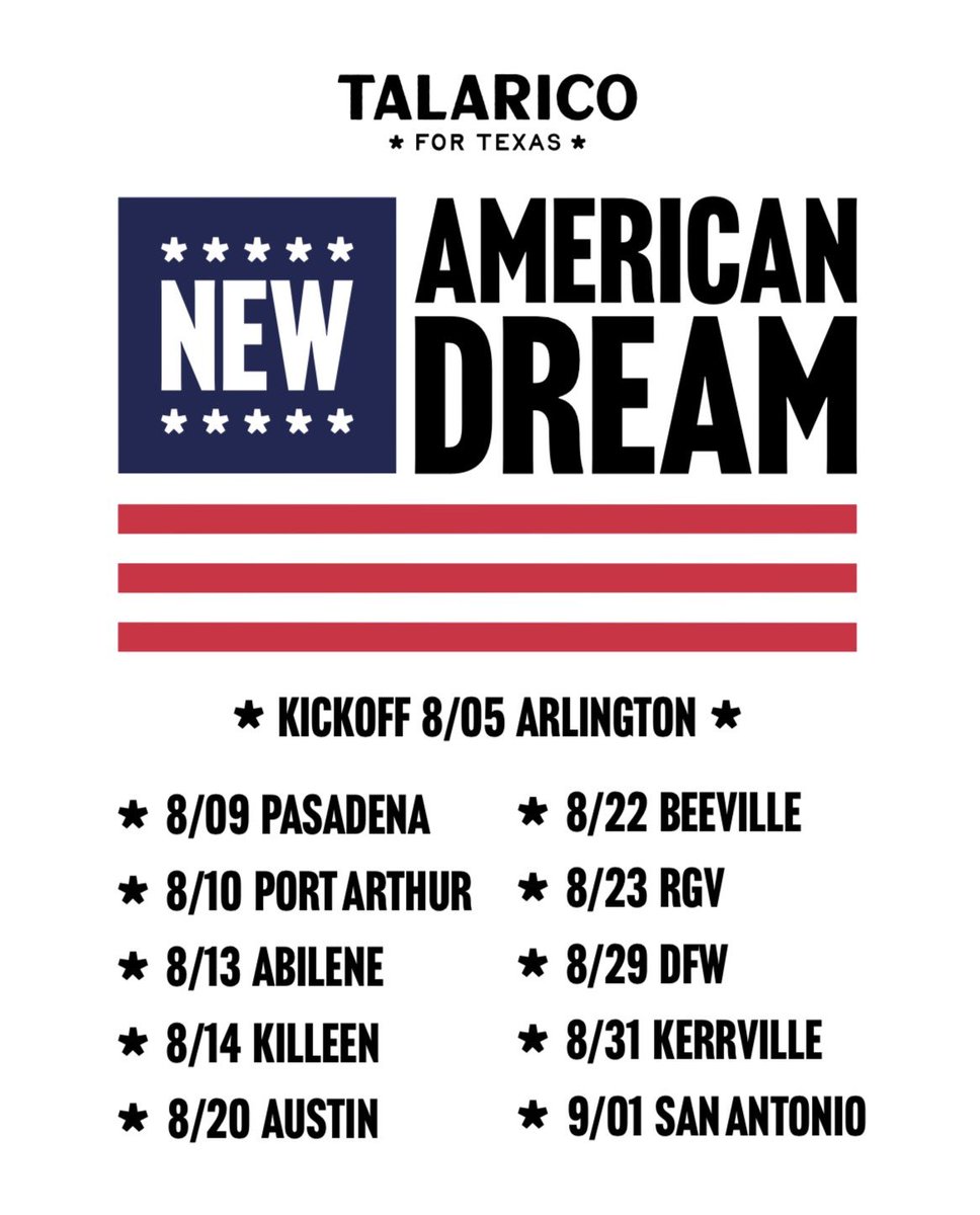 jamestalarico's tweet photo. Tonight, we’re kicking off our New American Dream Tour in Arlington, TX!

From there, we’ll be traveling to 10 cities across Texas to talk about a new vision for our economy.

It’s time for a New American Dream. Join us: https://t.co/pyvy6FgKbm https://t.co/zrhtfT4dtD