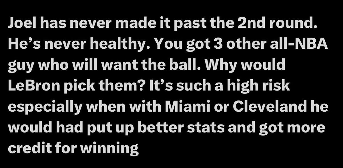 curlyham's tweet photo. @lexton_6 Underwhelming as hell man, and he was just expressing how he didn’t like being the 3rd option in LA but goes to a team were even more starts like the ball in their hand? I’ve come around to liking Joel but he’s body not built for ECF let alone a finals run https://t.co/Q4WbSEnRuj