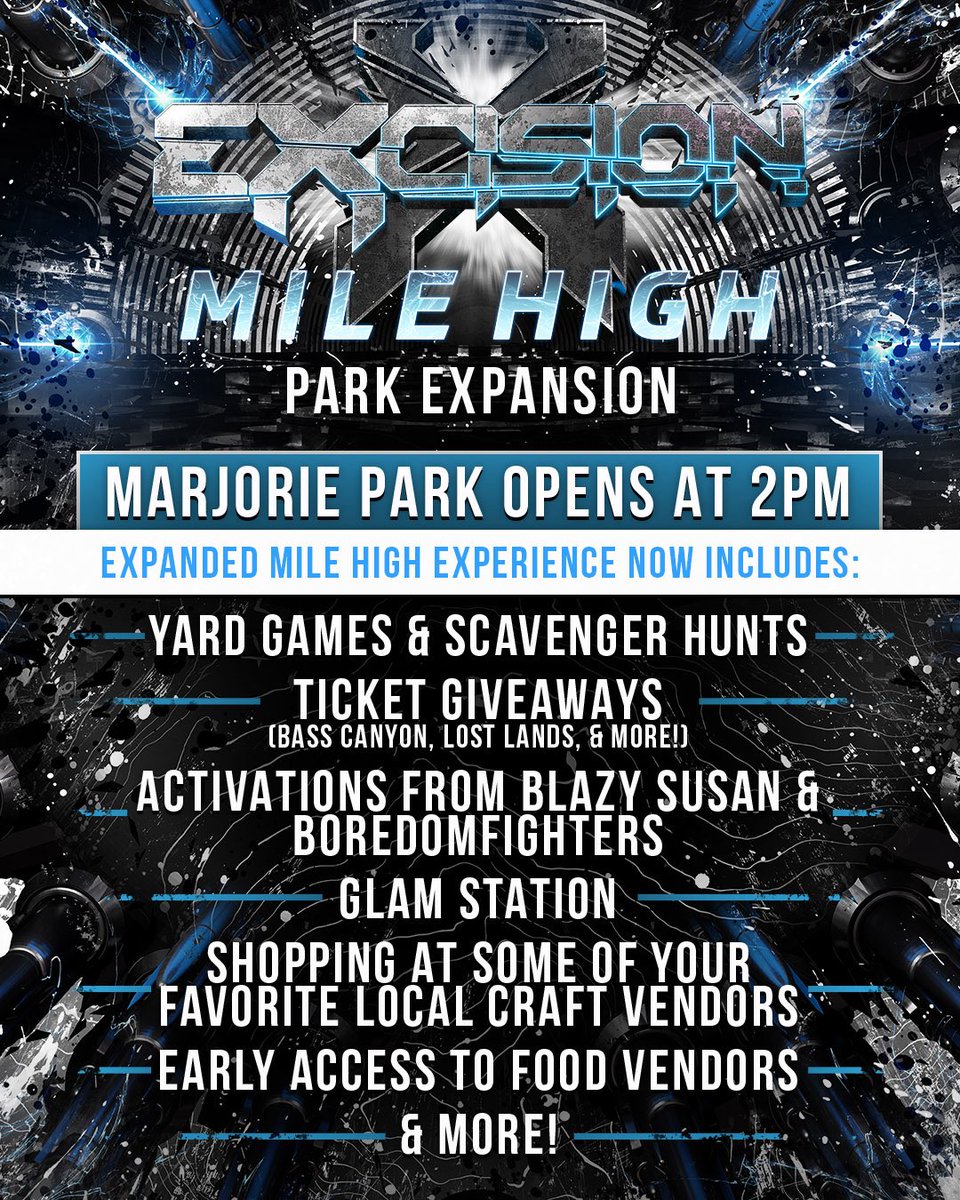 excisionpresent's tweet photo. Denver set times are here! We're expanding the Mile High experience and going even bigger this year ⛰️ Marjorie Park at Fiddler's Green will be opening at 2pm each day. Expect food and craft vendors, giveaways, games and more with your ticket! 

It’s time to start planning your weekend and secure your tickets. See you soon!