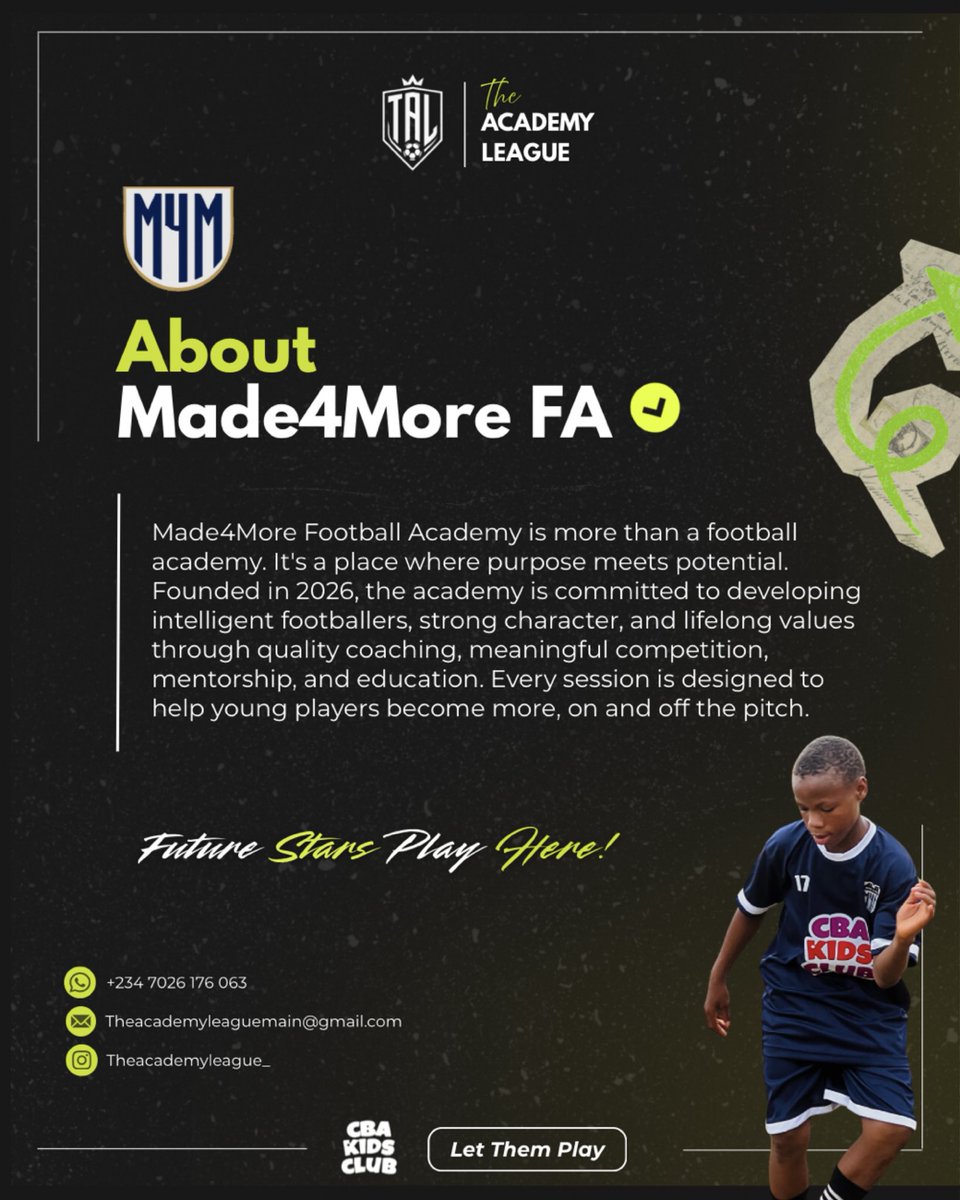 TheAcademLeague's tweet photo. 🔦 TEAM SPOTLIGHT

Get to know Made4More Football Academy, where football meets purpose. Through coaching, mentorship, education, and competition, every player is given the opportunity to grow on and off the pitch.

⚽ Let Them Play.
⭐ Future Stars Play Here. https://t.co/Avj8AndsSW