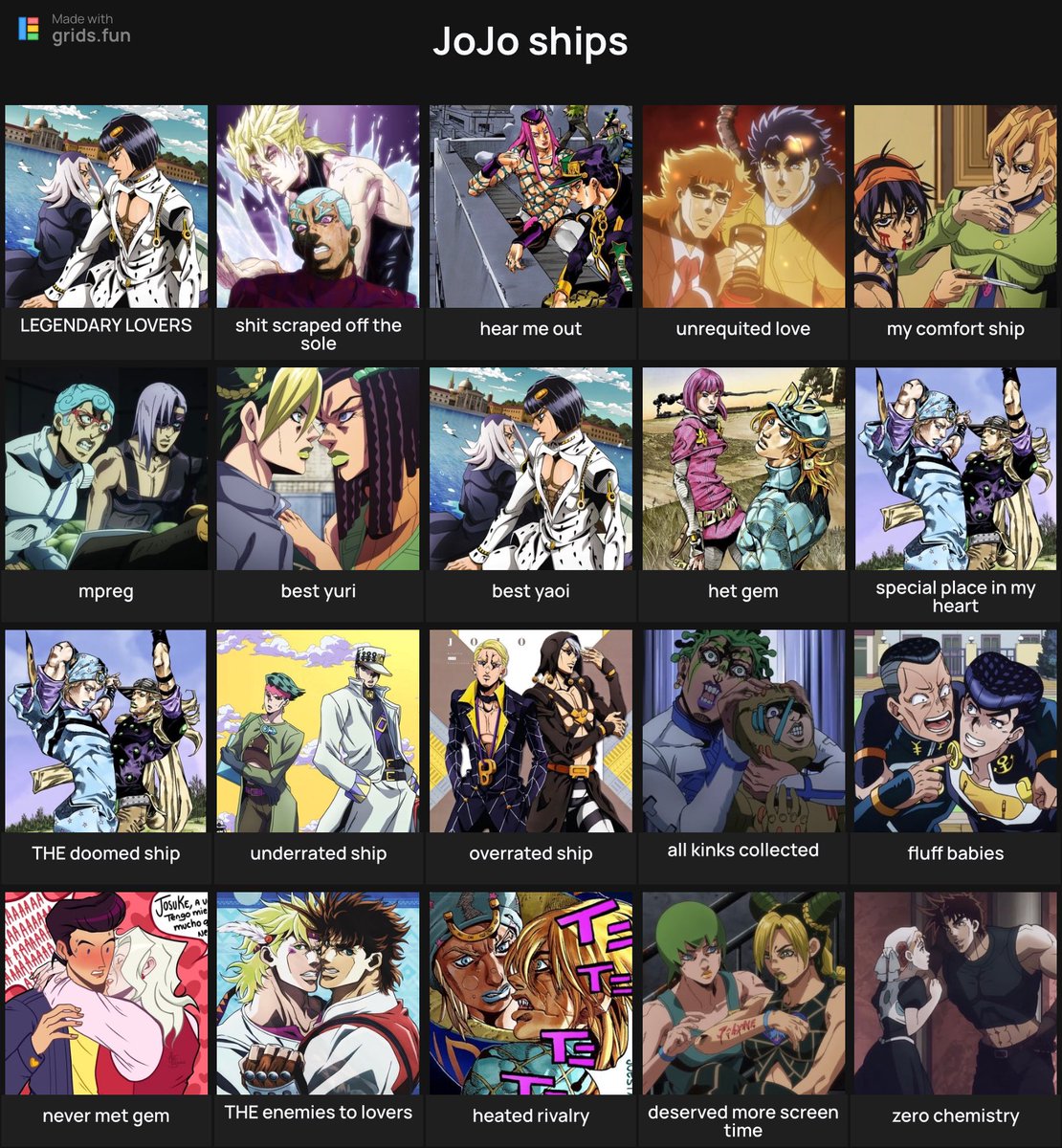 BizarreTadpoles's tweet photo. hey! I’ve made a grid template for JoJo ships. hope you’ll enjoy it and share your results 🥺
you can change the text and add your own pictures, if you want! also, you may write your ship suggestions for the list in comments and I’ll add them 💚
https://t.co/y7a3EasGww https://t.co/BfyOVkU5UM