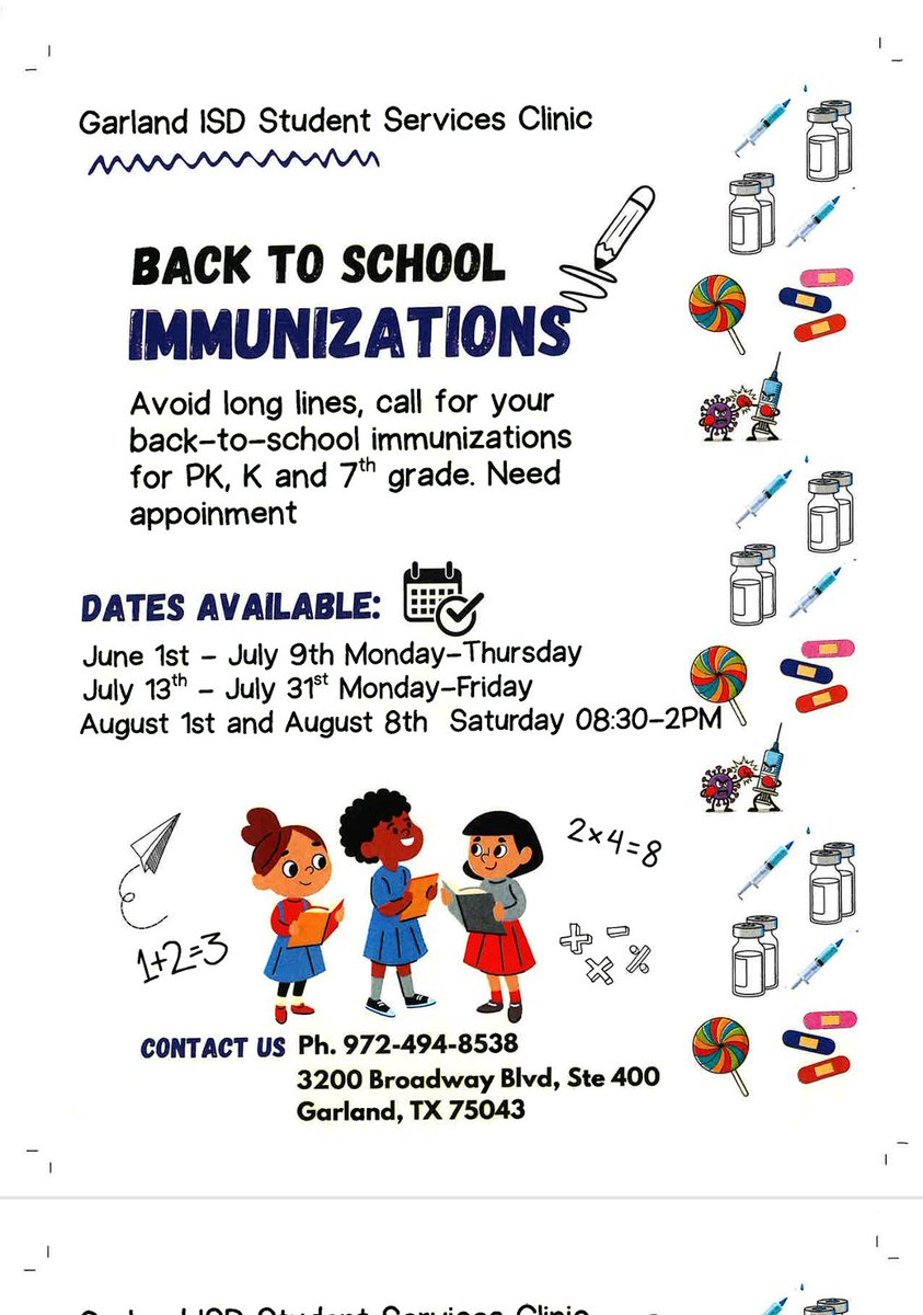 GISDhealth's tweet photo. Are your students up-to-date on their vaccinations? Get caught up before school starts. Healthy Students are better learners! https://t.co/gFv1G9dimF