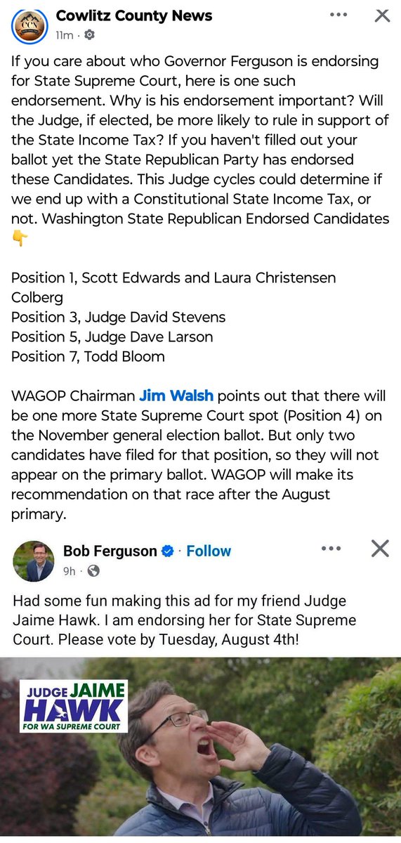 JimWalshLD19's tweet photo. More dumb stuff from the current governor. Thanks to Cowlitz County News for pointing out this weird ad.
A) The ad is weird and not likely to help his pawn at the ballot box.
B) The ad underscores his ongoing attempt to influence the State Supreme Court which, according to the WA Code of Judicial Conduct (CJC), risks damaging the Court by "disrepute."