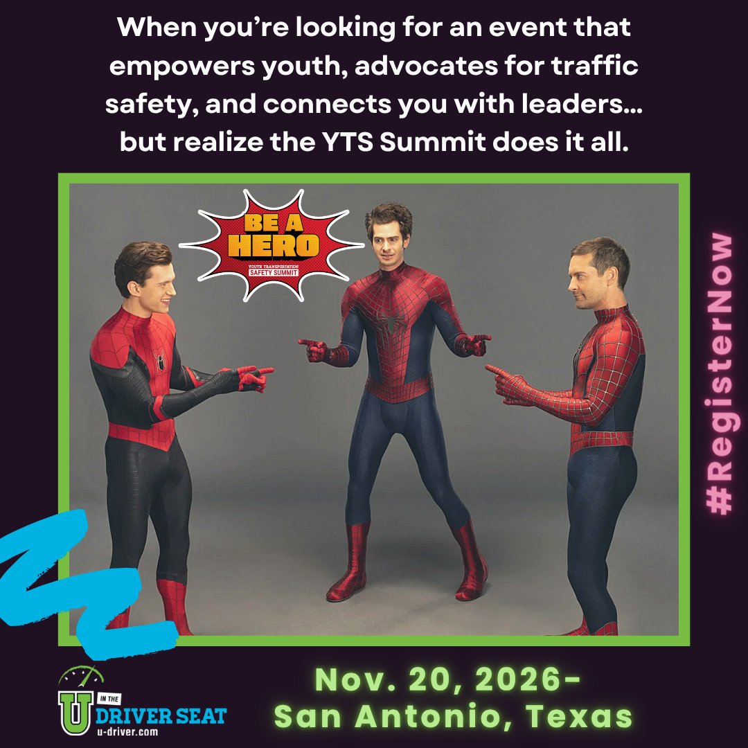 UDriverSeat's tweet photo. 🕷️🦸 Looking for an event that does it all?

Join college students, traffic safety professionals, and advocates from across the country at the 2026 YTS  Summit.

💚 Register today and help shape the future of traffic safety.

📅 Nov. 20 | San Antonio, TX

https://t.co/UQpRaIfPlj https://t.co/TvpoZV6MIq