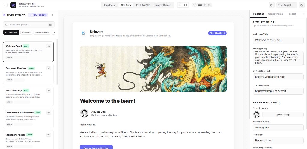 anuragdotdev's tweet photo. Spent the last week building OrbitDev Studio
The idea came from a simple problem: why do teams maintain separate onboarding docs for email, web,PDFs, and email builders?
So I built a system where you write the onboarding content once and generate it from the same code
@unlayer https://t.co/VMWC47e6me