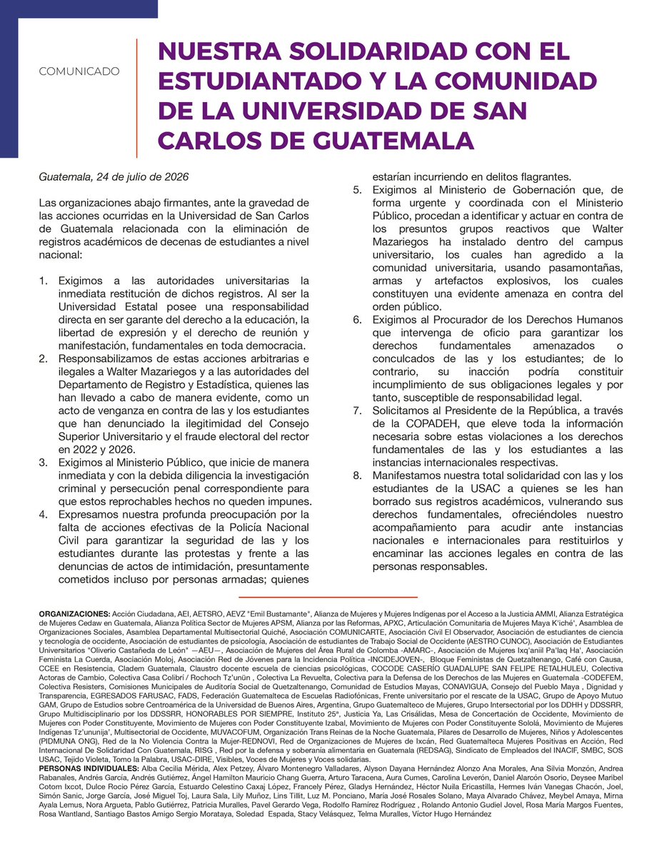 axrguate's tweet photo. 📣 COMUNICADO | NUESTRA SOLIDARIDAD CON EL ESTUDIANTADO Y LA COMUNIDAD DE LA UNIVERSIDAD DE SAN CARLOS DE GUATEMALA https://t.co/uaeXTAldWW